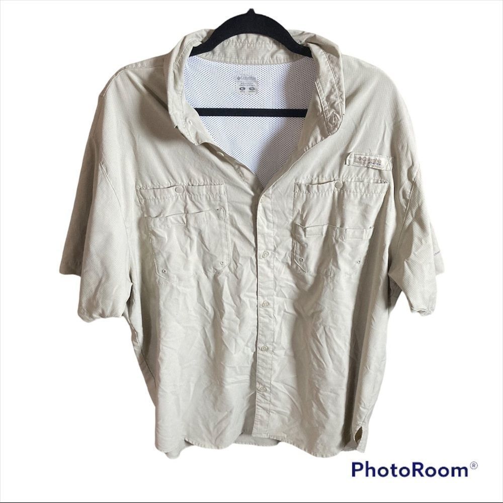 Columbia Pfg Omni Shade Mens XL Tan Short Sleeve Fishing Shirt Outdoors